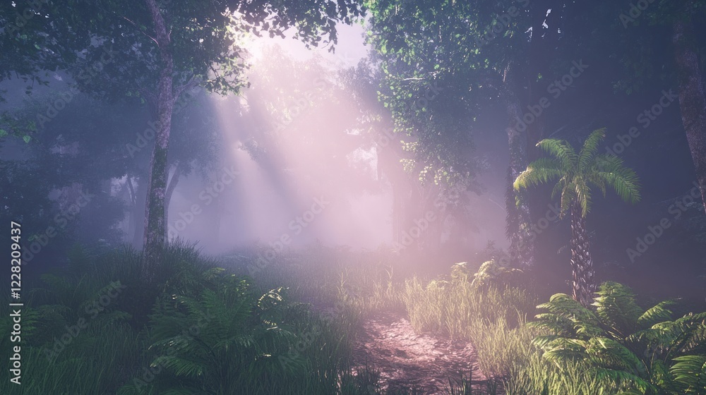 Obraz premium Sunlit Path Through A Misty Forest Scene