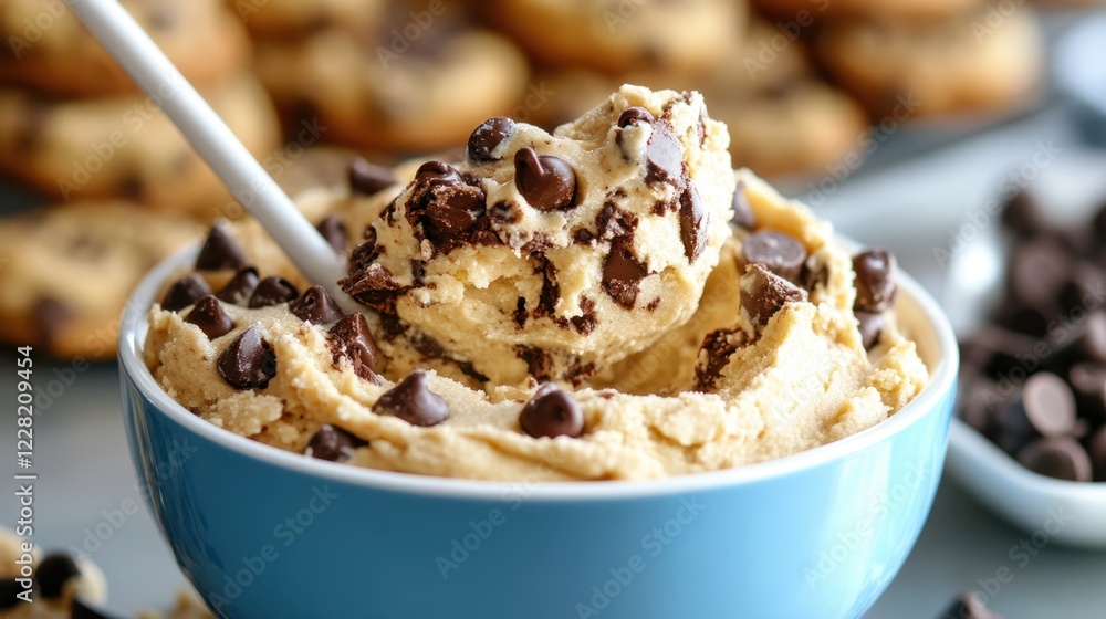 Chocolate chip cookie dough in blue bowl with spoon Chocolate chip cookie dough in blue bowl with spoon