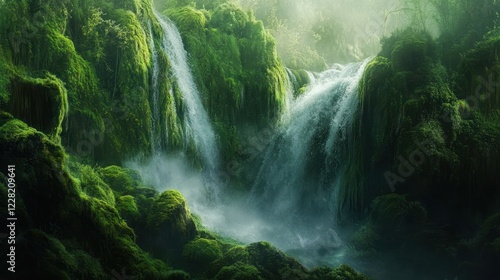 Lush green moss waterfall, misty forest, nature background, serene landscape, travel poster
