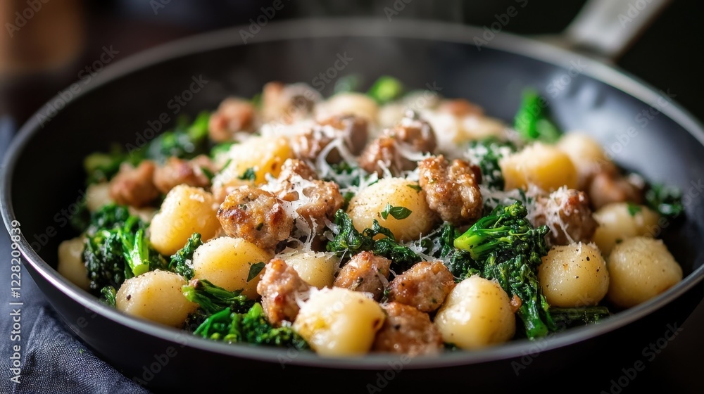 Gnocchi with sausage, broccoli rabe, and parmesan in skillet Gnocchi with sausage, broccoli rabe, and parmesan in skillet