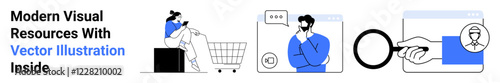 Person shopping online with a cart, man contemplating data, magnifying glass analyzing, hourglass in hand. Ideal for e-commerce, analytics, productivity, decision-making, market research customer