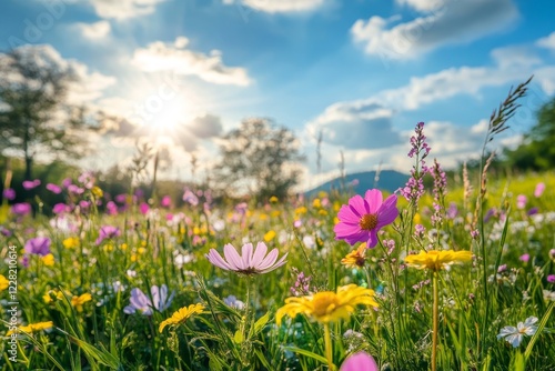 Vibrant spring meadows in bloom under warm sunshine capturing nature s beauty and renewal photo