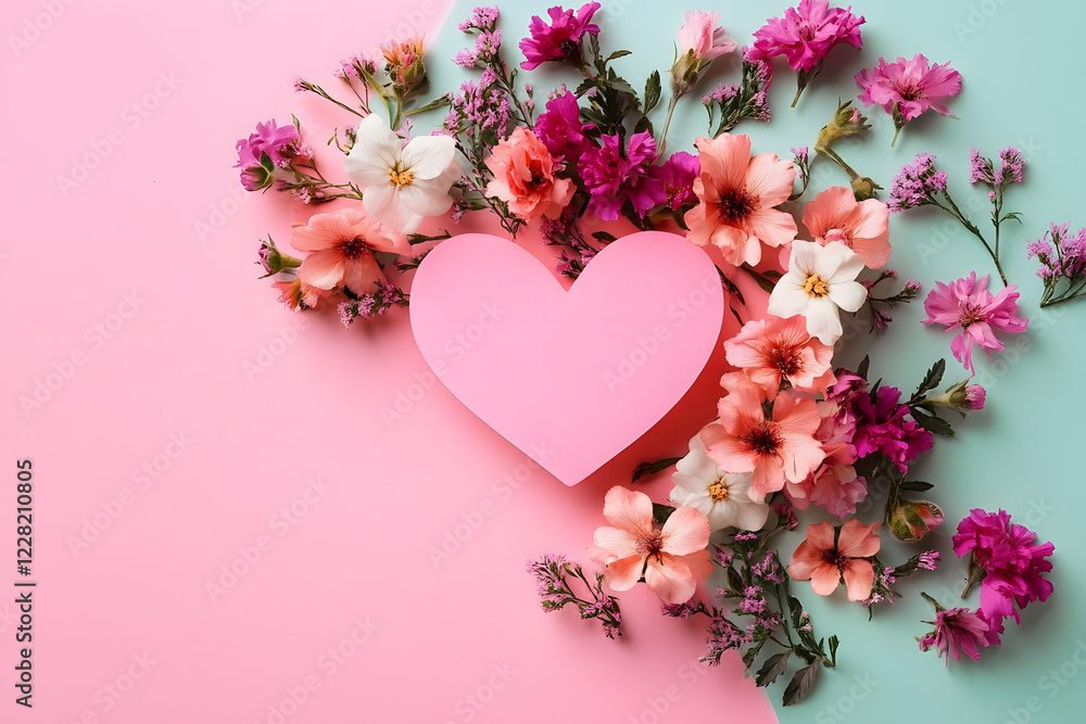 Creative layout with pink flowers, paper heart over punchy pastel background. Top view, flat lay. Spring, summer or garden concept. Present for Woman day Creative layout with pink flowers, paper heart over punchy pastel background. Top view, flat lay. Spring, summer or garden concept. Present for Woman day