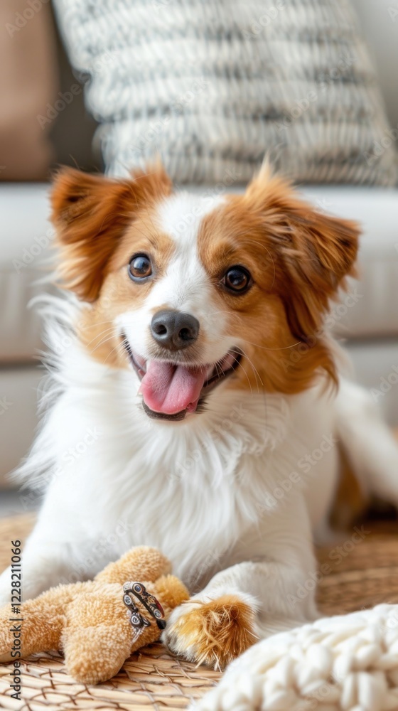 Adorable brown and white dog relaxing indoors with toy Professional Pet Sitters Week Adorable brown and white dog relaxing indoors with toy Professional Pet Sitters Week