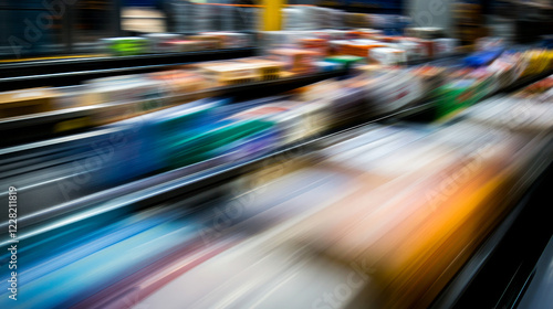 Packages blur as they swiftly move along a complex conveyor belt system, being sorted for delivery at a large fulfillment center. photo