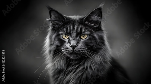Striking portrait of a large black cat with piercing yellow eyes and glossy fur, capturing the essence of feline elegance and mystery in a dark, moody setting