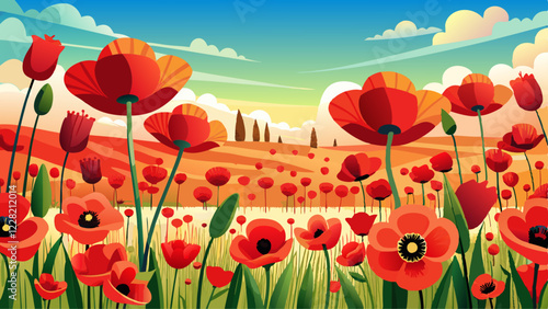 A heartfelt tribute to honor heroes depicted in a simple illustration of a vibrant field of red poppies for Anzac Day.