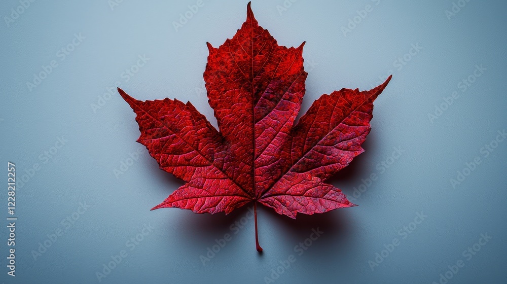 A vibrant red maple leaf on a soft blue background. A vibrant red maple leaf on a soft blue background.