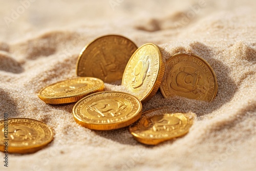 A collection of antique gold coins lies partially submerged in fine sand, showcasing their intricate designs and historical significance. Sunlight highlights their luster photo