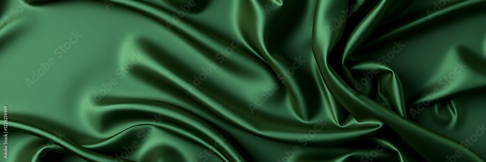 Obraz premium High-resolution stock photo Wide banner, top-view flat lay of dark green silk satin with soft folds. 