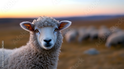 Young sheep with fluffy wool looking at camera during sunset on pasture, flock grazing in background. Close up portrait captures innocent expression and soft texture. photo