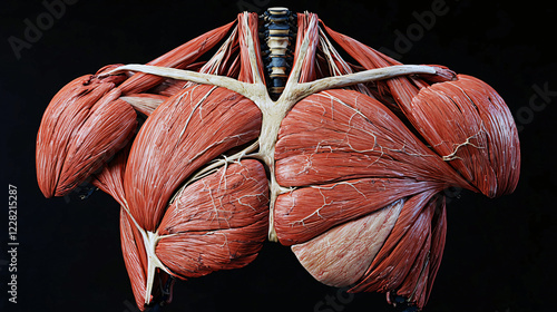 A realistic 3D simulation of a torn pectoral muscle, highlighting the rupture and internal bleeding with precise anatomical details. photo