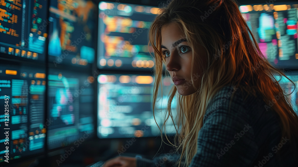 Young woman in front of computer monitor in dark office working with big data. Young woman in front of computer monitor in dark office working with big data.
