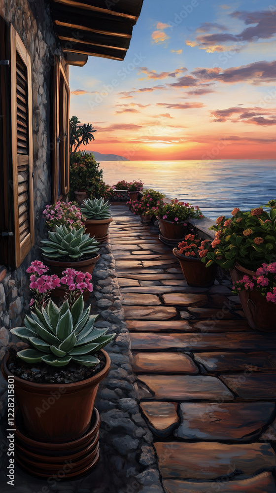 Fototapeta premium Modern Villa Overlooking the Mediterranean Sea at Sunset