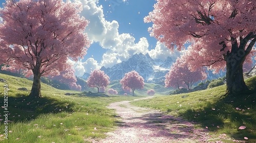 Dreamy Cherry Blossom Orchard in Full Spring Bloom with Falling Petals and Soft Pink Serenity