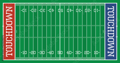 Football field with white lines, outlines, numbers, goal posts and blue and text. Sport concept. Top view with markings. Vector illustration.