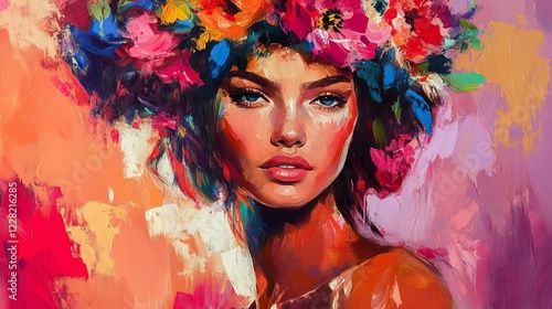 Portrait of a woman with a vibrant floral crown showcasing colorful abstract art