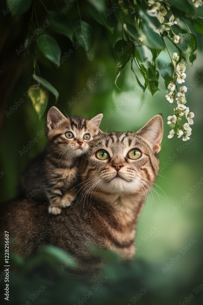 Adorable tabby cat and kitten enjoying a moment together in a lush green garden setting. Adorable tabby cat and kitten enjoying a moment together in a lush green garden setting.