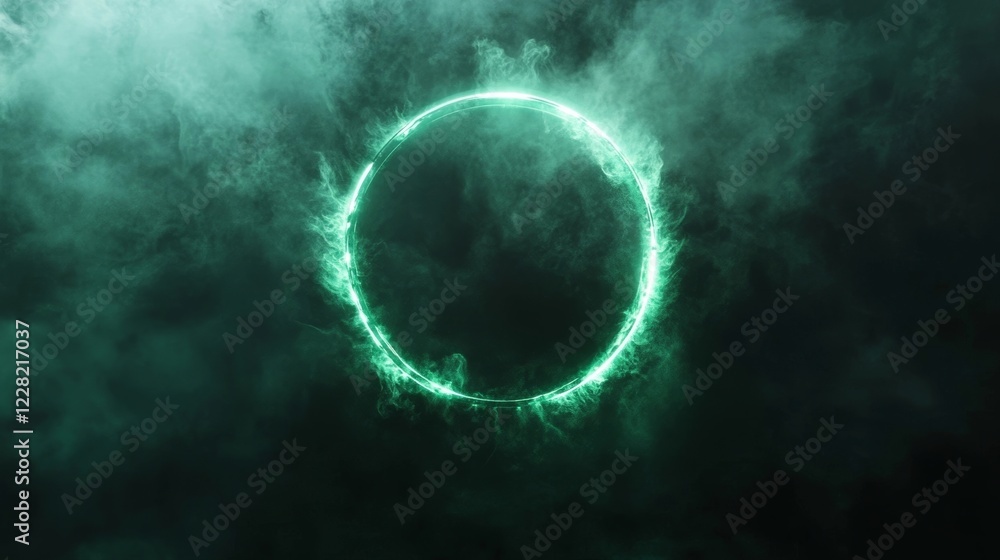 Mysterious green circle surrounded by swirling mist creates an ethereal atmosphere in a dark setting Mysterious green circle surrounded by swirling mist creates an ethereal atmosphere in a dark setting
