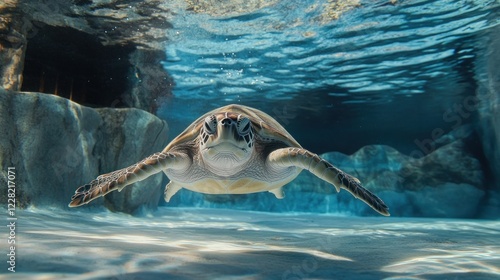 Sea Turtle Gracefully Swimming Underwater photo