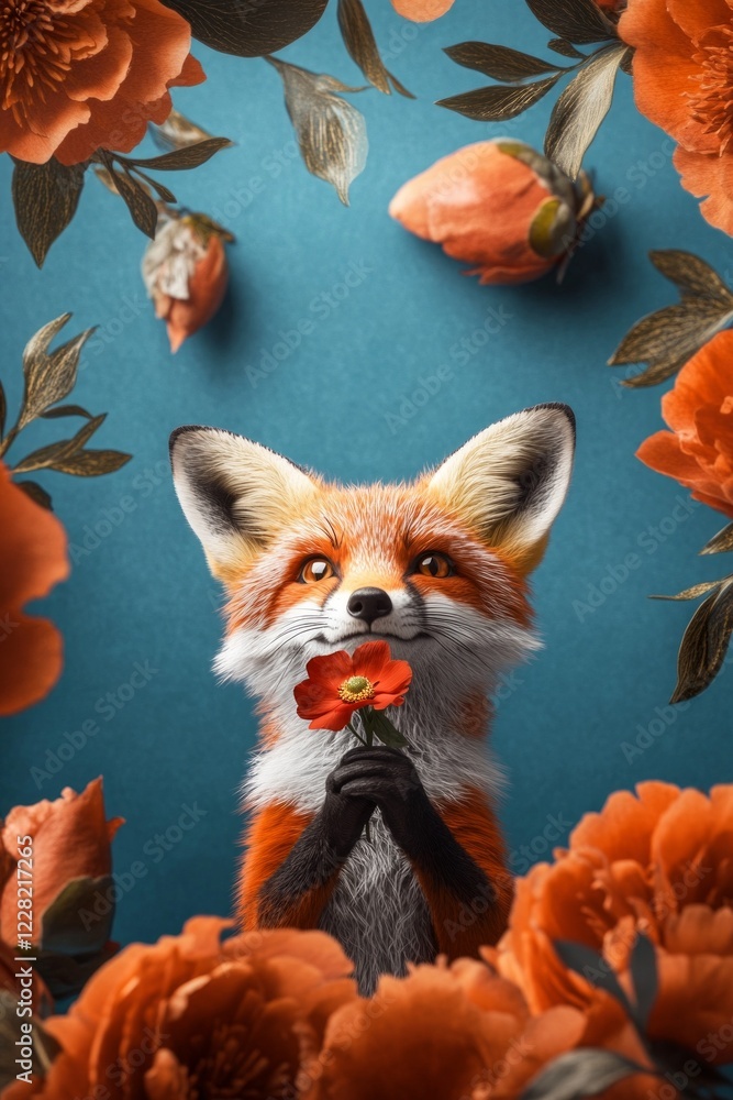Fototapeta premium Adorable fox gently holding a small red flower, surrounded by orange peonies.