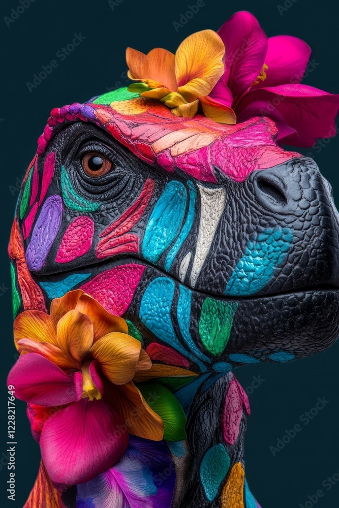 Obraz premium Vibrant dinosaur portrait adorned with colorful flowers. A unique artistic creation.