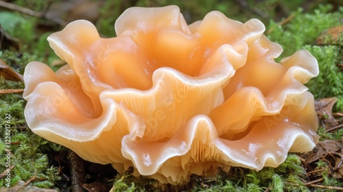 Peach colored fungus growing on moss in forest photo