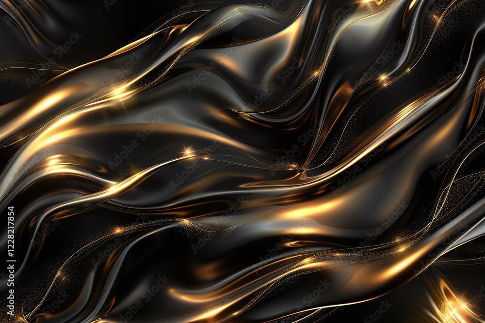 Elegant Flowing Golden Waves with Glowing Particles on a Dark Background, Abstract Futuristic Texture and Luxury Artistic Design Elegant Flowing Golden Waves with Glowing Particles on a Dark Background, Abstract Futuristic Texture and Luxury Artistic Design