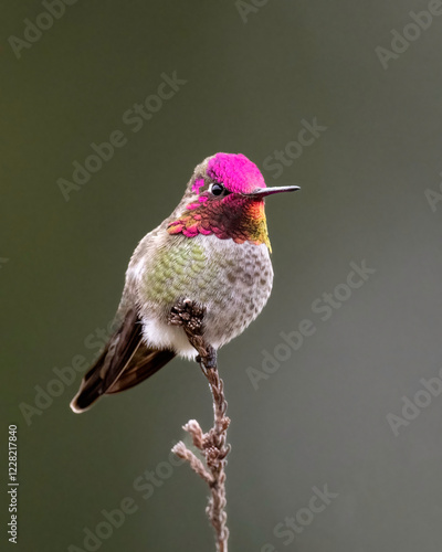 Anna's hummingbird (Calypso anna) over wintering in Northern California, UCSC Arboretum
