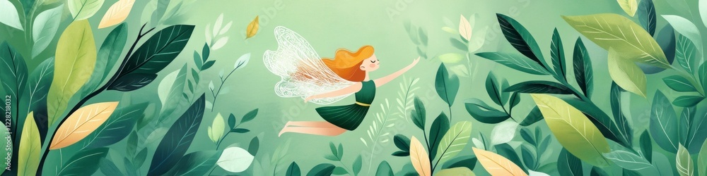 Fototapeta premium A whimsical fairy with auburn hair soars through a lush green forest.