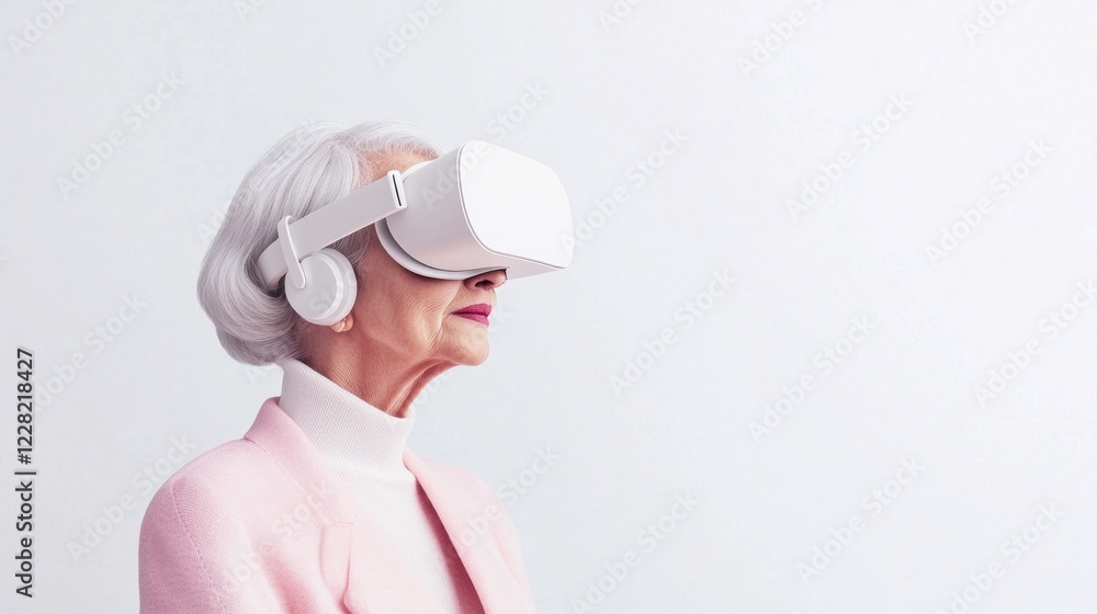 Senior woman in pink exploring virtual reality. A serene moment of technological discovery. Senior woman in pink exploring virtual reality. A serene moment of technological discovery.