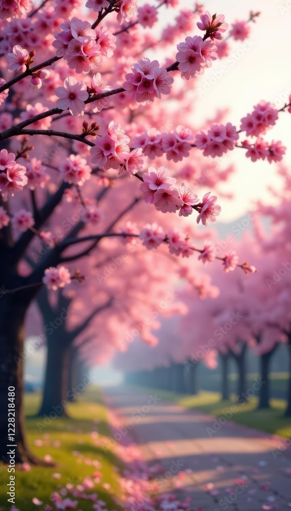 Naklejka premium Soft focus of cherry blossom trees in the early spring morning, floral, morning, landscape