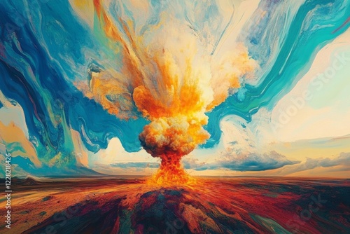 A surreal rendition of a nuclear explosion, showcasing vibrant colors and swirling forms against a dramatic landscape at an unspecified time of day photo