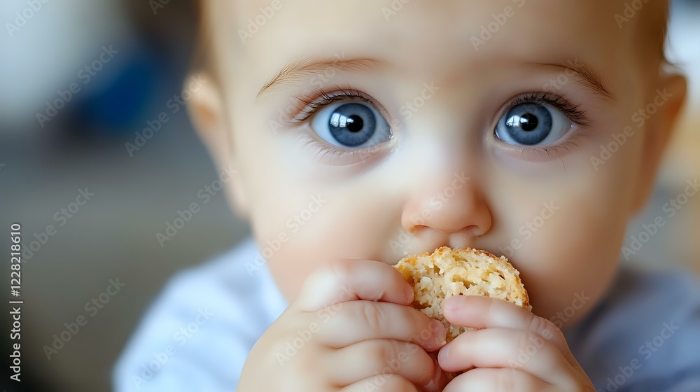Close up portrait of adorable baby with bright blue eyes eating cookie or biscuit, wearing white clothing. Shallow depth of field with soft blurred background. Close up portrait of adorable baby with bright blue eyes eating cookie or biscuit, wearing white clothing. Shallow depth of field with soft blurred background.