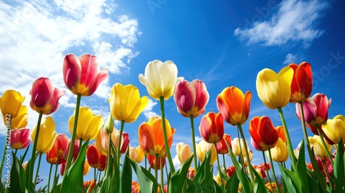 Colorful Tulips Bloom Under a Bright Sunny Sky