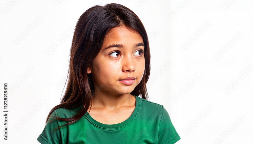 Asian girl with long black hair wearing a green t-shirt looking curious isolated on white background
