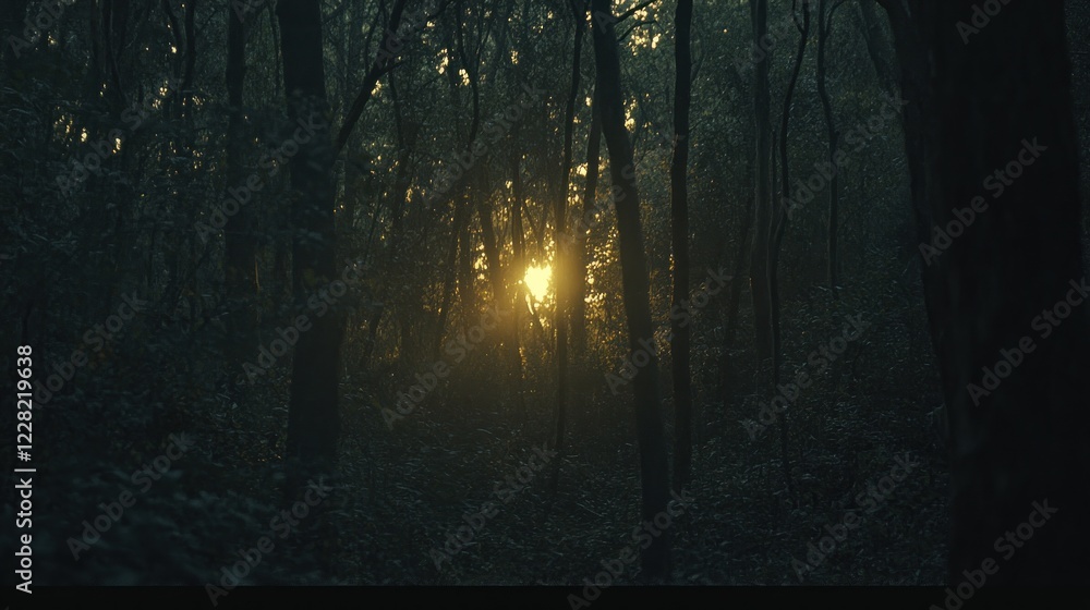 Fototapeta premium Golden Sunset Through Dense Forest Trees