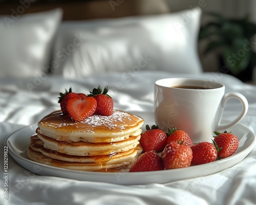 The bed has white sheets and a heart pillow. A tray holds pancakes with strawberries and coffee. The realistic image evokes warmth, romance, ideal for lifestyle, love, or Valentine's marketing. photo