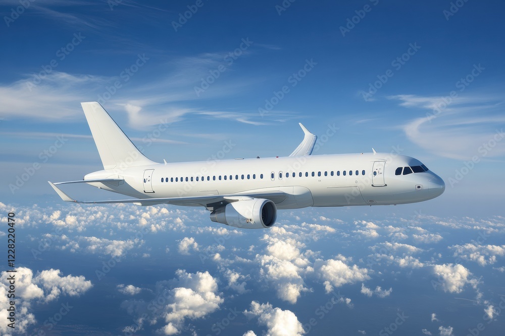 Obraz premium White airplane flying above fluffy clouds in bright blue sky during daytime. Generative AI