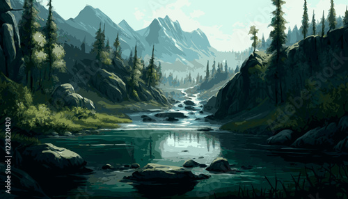 Mountain with river and forest