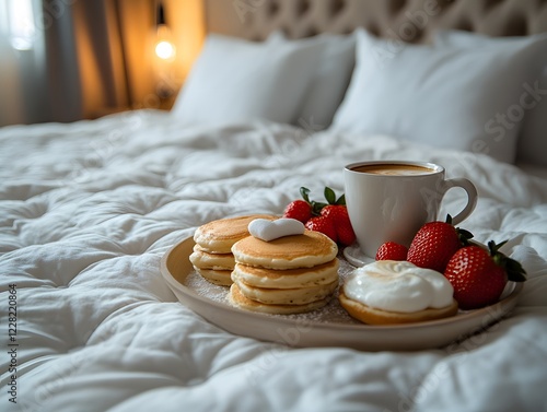 The bed has white sheets and a heart pillow. A tray holds pancakes with strawberries and coffee. The realistic image evokes warmth, romance, ideal for lifestyle, love, or Valentine's marketing. photo