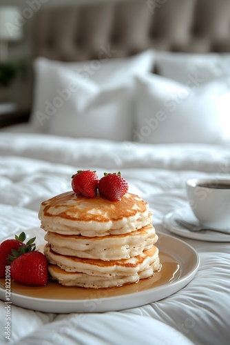 The bed has white sheets and a heart pillow. A tray holds pancakes with strawberries and coffee. The realistic image evokes warmth, romance, ideal for lifestyle, love, or Valentine's marketing. photo