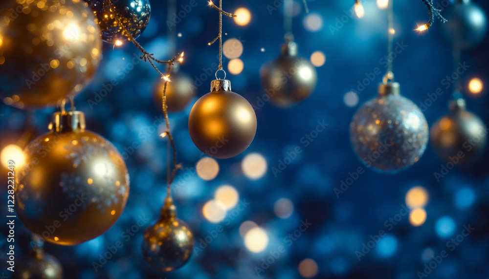 Decorative golden and silver ornaments hanging from branches with glowing lights during the festive season Decorative golden and silver ornaments hanging from branches with glowing lights during the festive season