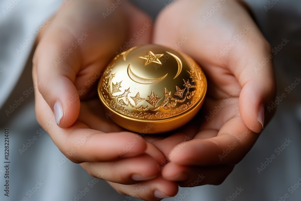Two hands grasp a small golden zakat box adorned with crescent and star symbols, symbolizing charity and generosity, in a serene indoor setting, reflecting cultural significance Two hands grasp a small golden zakat box adorned with crescent and star symbols, symbolizing charity and generosity, in a serene indoor setting, reflecting cultural significance
