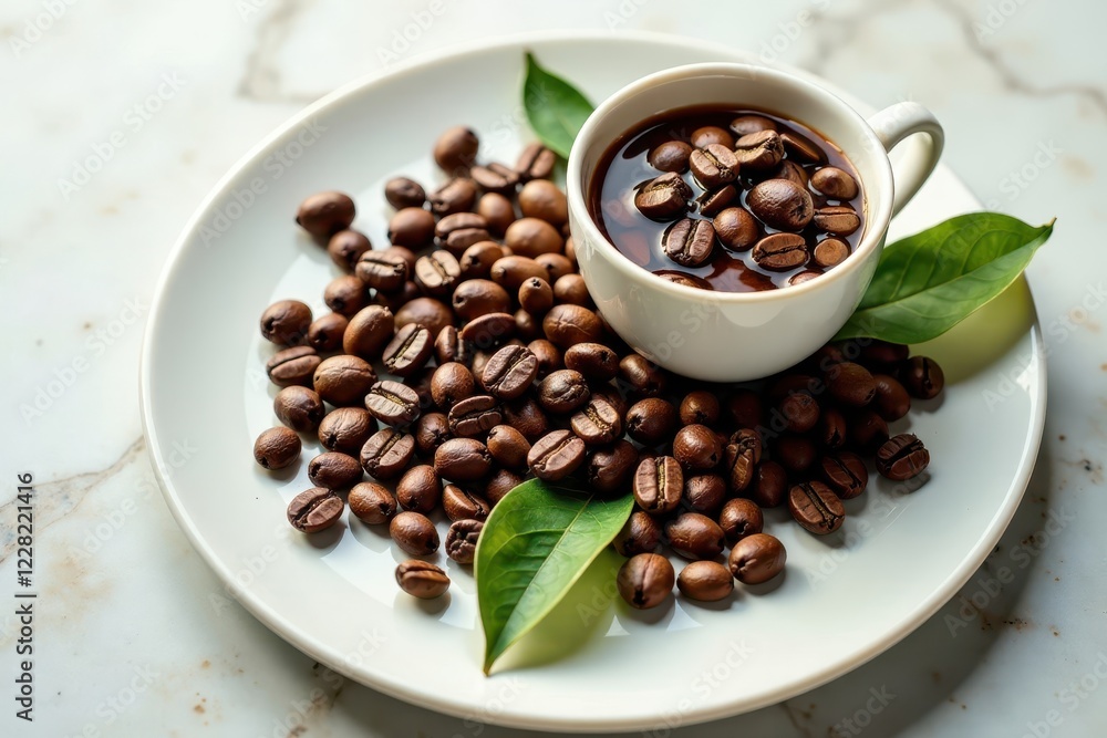Tea leaves and coffee beans in a harmonious arrangement on a marble plate, textures, tea, brown Tea leaves and coffee beans in a harmonious arrangement on a marble plate, textures, tea, brown