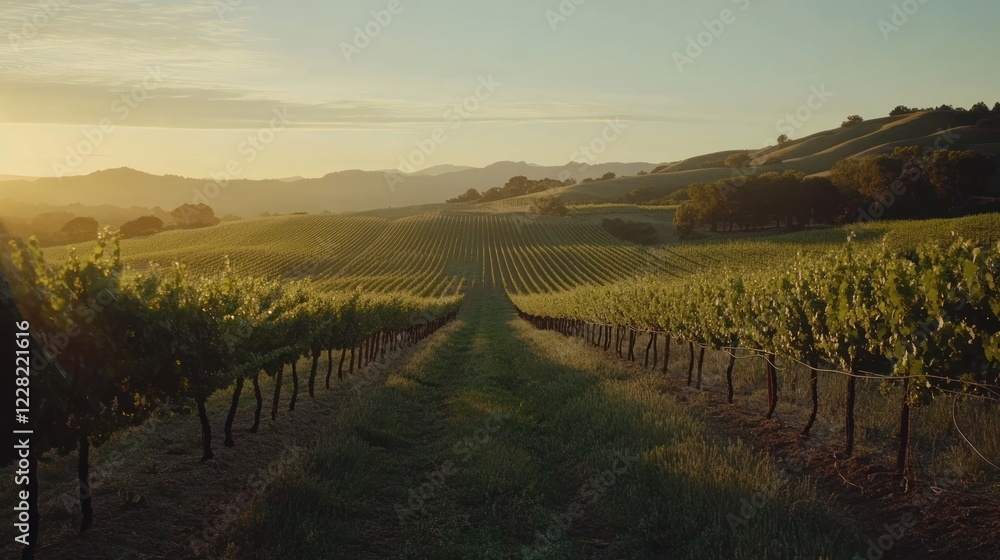 Fototapeta premium Vineyard Rows Basking In Golden Sunset Light