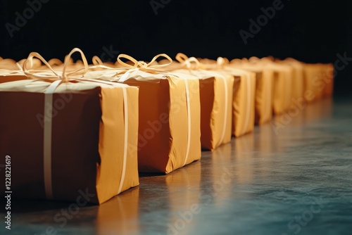 Lined up on the floor, family-sized food packages are ready for distribution, illuminated by warm ambient light that reflects the spirit of hope and unity in the community photo