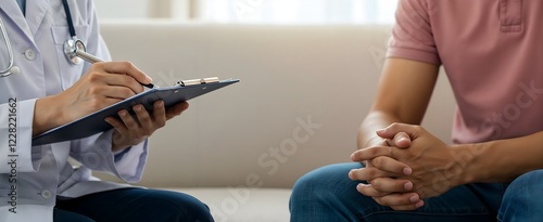 Male patient and doctor in medical consultation, healthcare provider writing on clipboard during a session focused on diagnosis, mental health counseling or therapy in a clinical setting banner cover