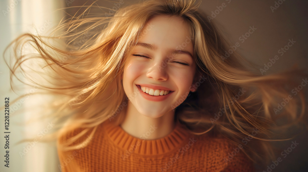 Fototapeta premium Happy Girl Portrait in Natural Light with a Bright Smile and Golden Hair
