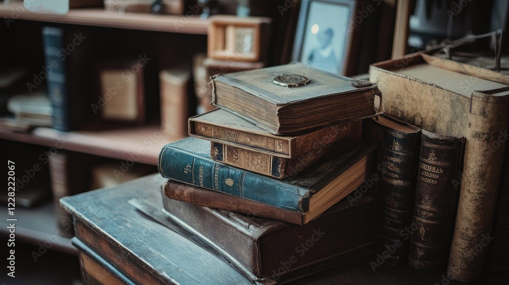 A Stack of Antique Books Rests on a Dark Wooden Table A Stack of Antique Books Rests on a Dark Wooden Table